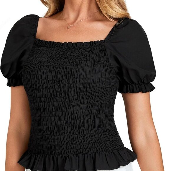 Women's Ruffle Peplum Smock Gingham Crop Top Square Neck Puff Short Sleeve Blous - Picture 3 of 7